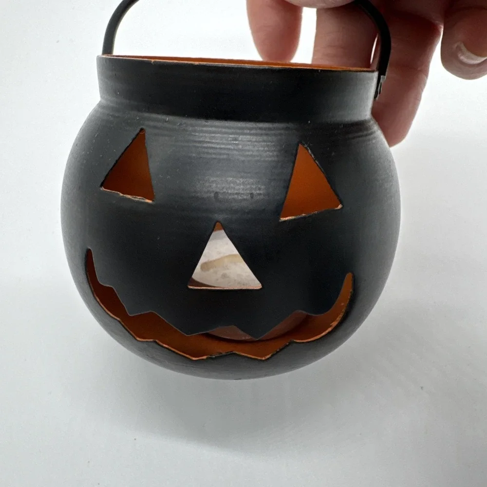 Metal Halloween Jack-O-Lantern Pumpkin Cauldron Handled Candle Votive Holders